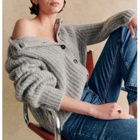 SEZANE BLOGGER FAVE Gray Alpaca Wool Oversized Cardigan Sweater Emile Jumper L - Picture 11 of 16